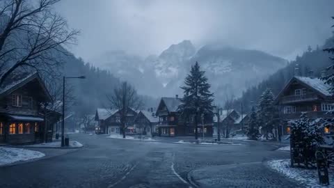Fog rolling over alpine peaks while chalet village glowing with warm windows at twilight