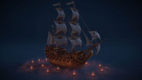 Floating pirate ship at night with lantern-lit ocean scene