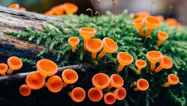 Orange cup fungi cluster on mossy log macro close-up with vibrant bokeh background