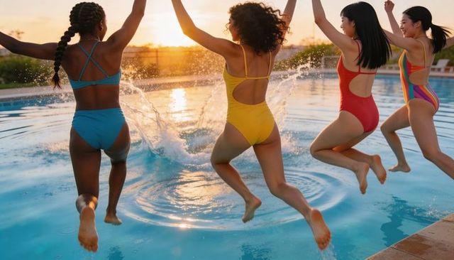 Teen girls jumping into backyard pool at sunset splashing water and laughing