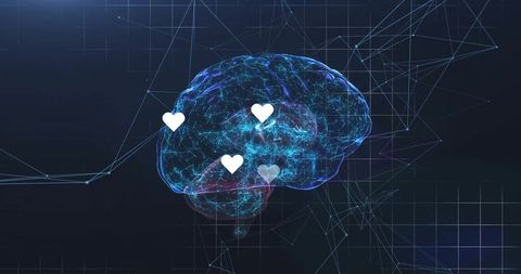 3D Brain with Heart Icons in Futuristic Digital Interface