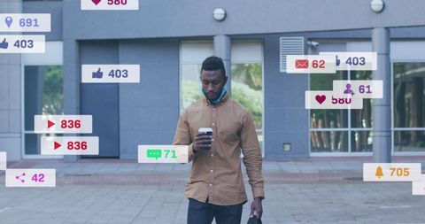 Man walking with coffee amidst social media engagement icons