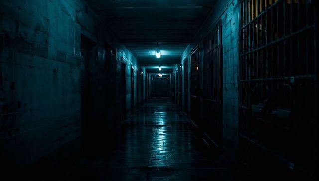 Dimly Lit Prison Corridor with Iron Barred Cell Doors