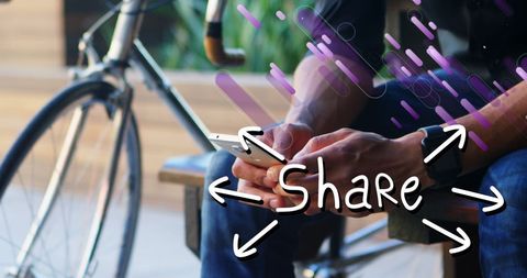 Businessman using smartphone with illustrated share network