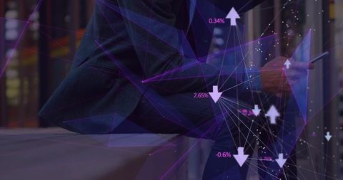 Businessman Using Smartphone with Stock Market Graphics Overlay