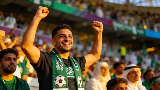 Cheering soccer fan raising fists in stadium wearing green scarf with soccer icons victory