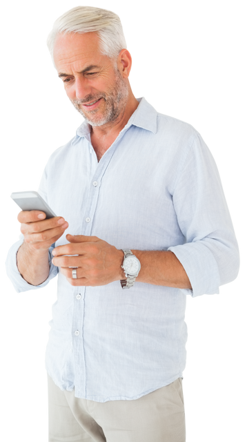 Smiling Senior Man Texting on Smartphone Holding Transparent Background - Download Free Stock Videos Pikwizard.com