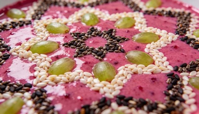 Vibrant berry smoothie bowl featuring geometric seed lattice and green grape halves