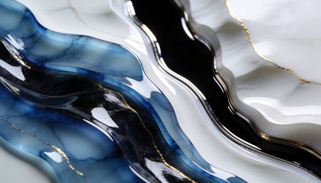 Abstract resin layers with blue black white marble and metallic gold veins on glossy surface