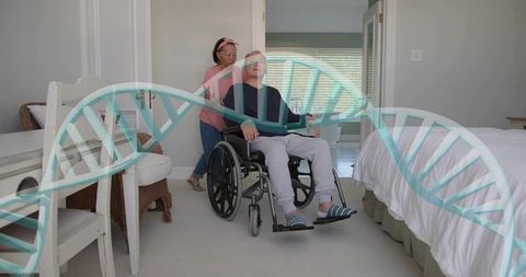 Caregiver pushing senior in wheelchair in bedroom with dna overlay for genetic health