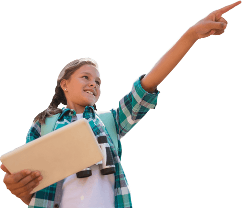 Girl holding tablet pointing excitedly transparent background