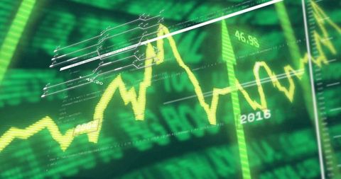 Dynamic Yellow Market Line Chart Showing Volatility and Data Overlays on Green Dashboard