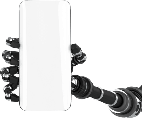 Robotic arm presenting smartphone on transparent background