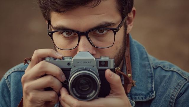 Seeking through the lens: vintage film camera enthusiast at golden hour