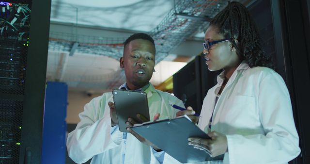 Scientists in lab coats sharing information in a technological environment. Perfect for illustrating teamwork, scientific research, advanced technology, data management, and professional collaboration.