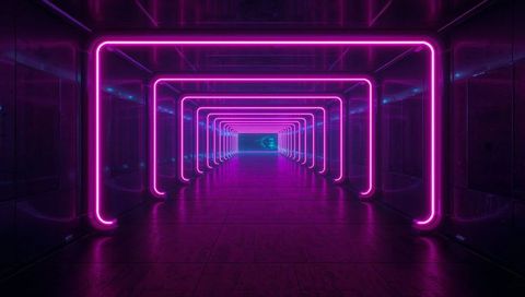 Magenta neon tunnel with futuristic ambience and cyan accents
