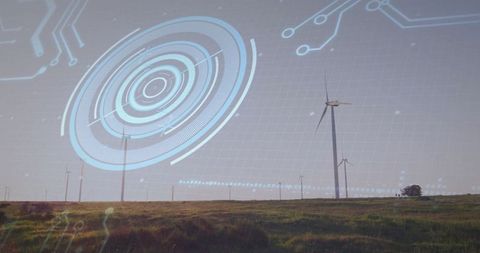 Wind Turbine with Futuristic HUD Overlays on Green Field