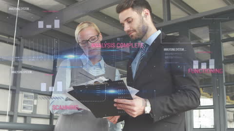 Business Professionals Discussing Reports with Data Graphics Overlay