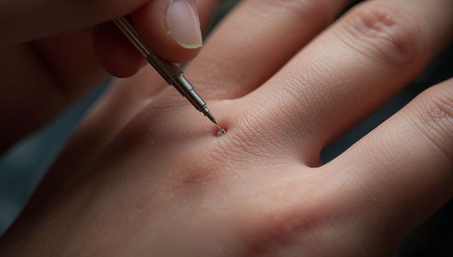 Microchip insertion in human hand with precision tool