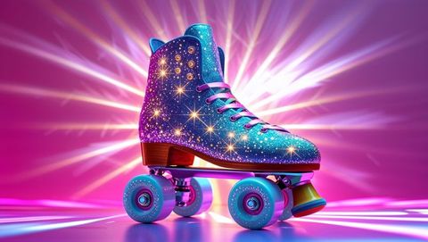 Glittery blue roller skate with vibrant colors sparkling studio