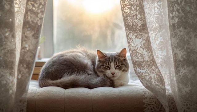Sunlit tabby curling on padded windowsill cushion with lace curtains, cozy morning calm