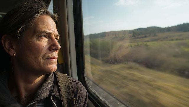 Gazing woman traveling by train through sunlit countryside, reflective travel portrait