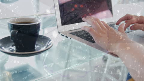 Businesswoman Using Laptop Amid Virtual Snow Effect