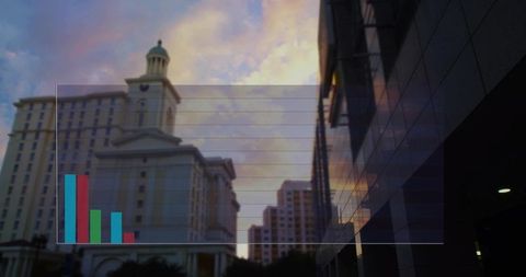 Classical domed building glowing at sunset with bar chart overlay on glass facade