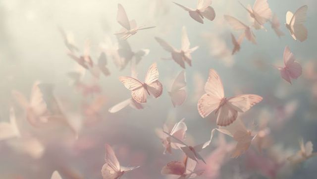 Pale pink butterflies fluttering through sunlit pastel meadow with ethereal translucent wings