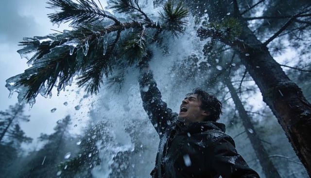 Asian hiker dislodging icy snow and icicles from pine branch in stormy winter forest