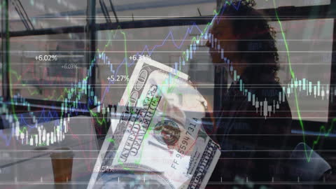 Businesswoman Analyzing Financial Markets Overlapping with Cash