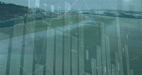Translucent Financial Candlestick Charts Over Seascape Showing Market Trends and Price Labels