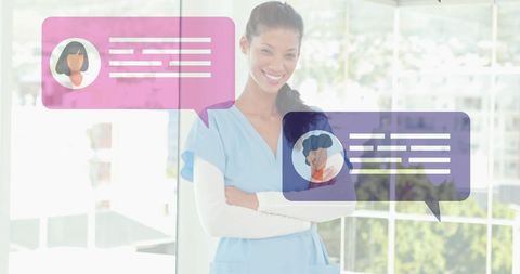 Smiling nurse with chat bubbles, modern healthcare communication