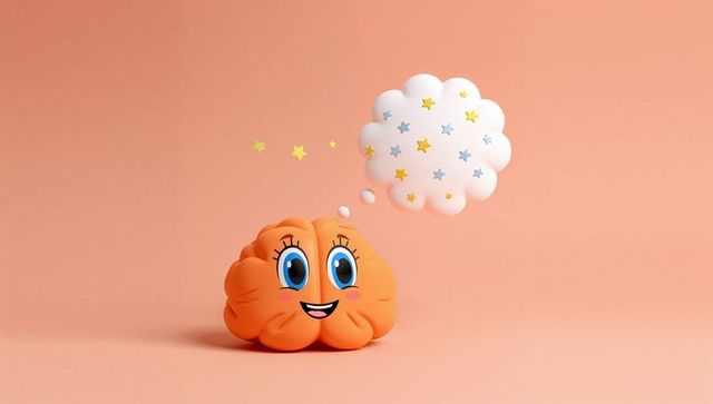 Cheerful Cartoon Brain with Starry Thought Bubble on Peach Background