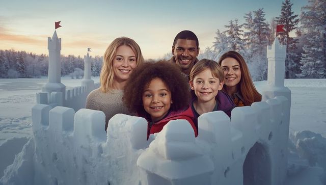 Diverse Family Celebrating in Snow Castle in Winter Wonderland