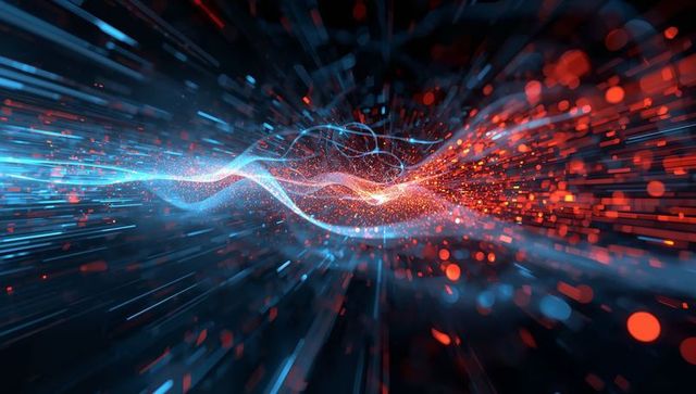 Neon blue and red data stream racing through cyberspace with glowing sparks and bokeh