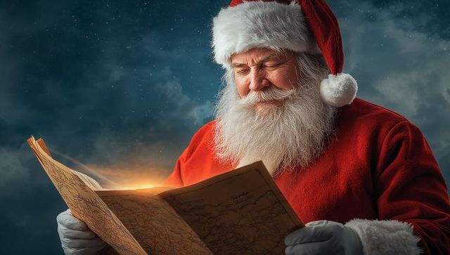 Santa claus examines magical map under starry night sky