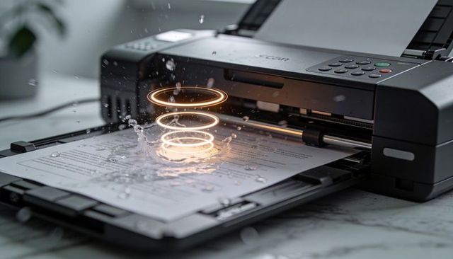 Inkjet printer spraying water on document with futuristic glowing holographic rings, tech concept