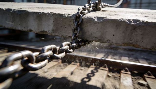 Swinging heavy chain looping around thick concrete slab over railroad tracks closeup low angle