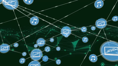 Digital Network Connections with Music Icons on Green Background