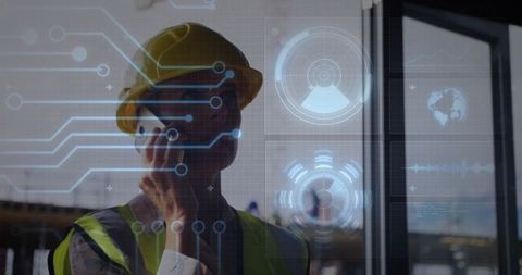 Construction supervisor communicating with futuristic digital overlays