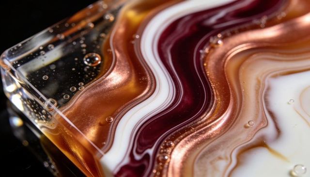 Marbled epoxy resin slab with copper burgundy metallic pigments, beveled corner, glossy