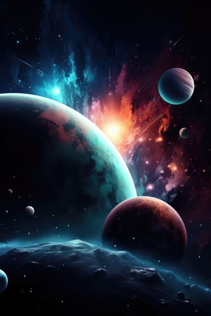 Perfect for use in science fiction media, educational materials, space-themed art projects, and digital backgrounds. The vibrant depiction of planets against a stunning nebula creates a captivating cosmic scene.