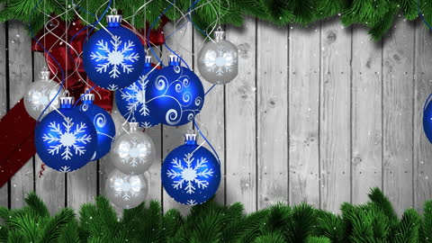 Festive Christmas Ornaments with Pine Branches and Falling Snow