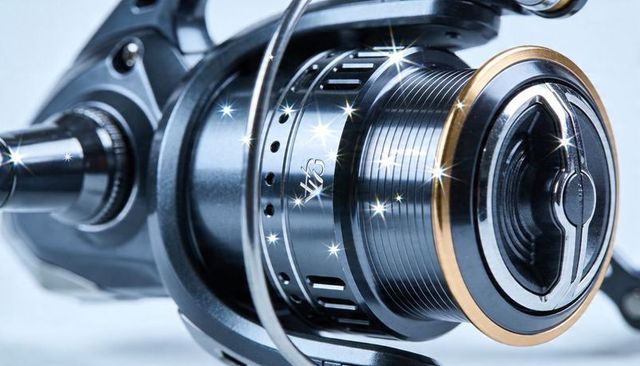 Macro spinning reel spool showing gold-trimmed grooves and passing bail arm, polished chrome sparkle
