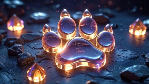 Mystical glowing paw structure on luminous rocky plane