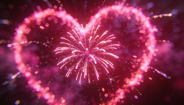 Bursting pink heart-shaped firework lighting night sky for romance celebrations