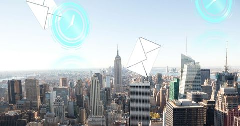 Digital Communications and Time Management Over Urban Skyline - Download Free Stock Images Pikwizard.com
