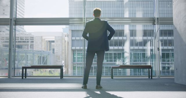 Back view of caucasian businessman looking out window in corporation lobby. Casual business, work and office, way to work.
