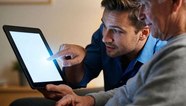 Young professional teaching senior how to use tablet on cozy living room couch, closeup